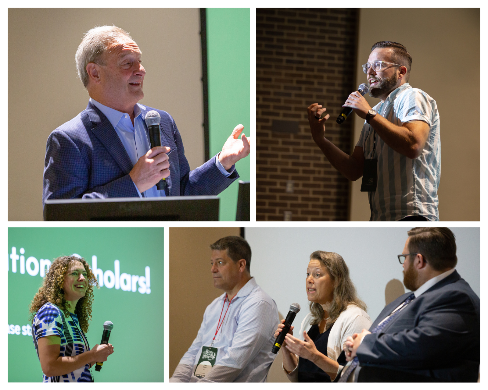 Four photos in a collage showing six speakers presenting SOTMUS 2023